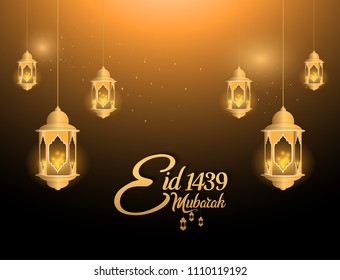 Eid Mubarak 1439 islamic design with golden lantern. vector illustration for holy month ramadan celebration.