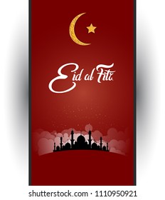 Eid Mubarak 1439 islamic design with mosque silhouette, moon and star. vector illustration for holy month ramadan celebration.