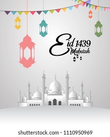 Eid Mubarak 1439 islamic design with papercut mosque adn colorful ribbon. vector illustration for holy month ramadan celebration.