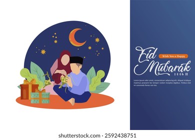 Eid Mubarak 1446 H 2025 Happy Family Story Illustration With Asian Mom and Son Making Ketupat Together. Festive Eid Mubarak for Asian Culture and Tradition. Vector Illustration