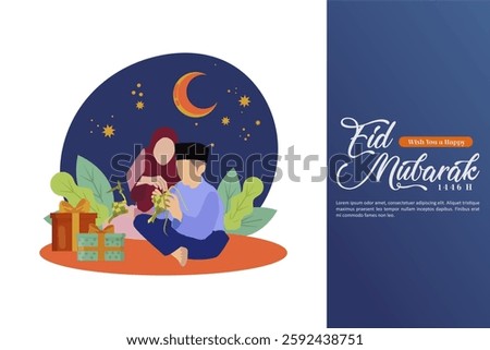 Eid Mubarak 1446 H 2025 Happy Family Story Illustration With Asian Mom and Son Making Ketupat Together. Festive Eid Mubarak for Asian Culture and Tradition. Vector Illustration