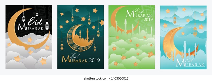 eid mubarak 2019 set of posters or invitations design with islamic lanterns, stars and moon on gold. Vector illustration. Place for text