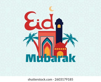 Eid Mubarak 2025 Greeting Card featuring an Islamic mosque with traditional Arabic patterns. Colorful architecture, palm tree and decorative typography create a festive and cultural holiday design.