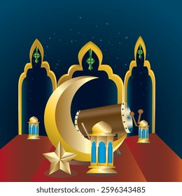 Eid Mubarak 3D Design with Realistic Vector Illustration of Lantern, Moon Star, Ketupat and Drum