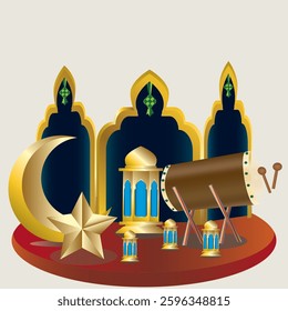 Eid Mubarak 3D Design with Realistic Vector Illustration of Lantern, Moon Star, Ketupat and Drum