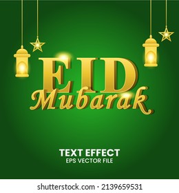 Eid Mubarak 3D Gold Text Effect. Muslim Celebration day text effect design.