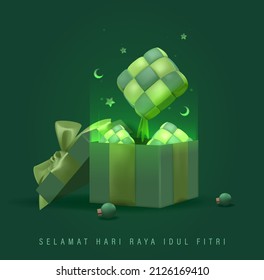 Eid Mubarak 3D Realistic Design, Open gift box full of 3D Realistic Ketupat, Eid Al Fitr gifts box realistic 3d design