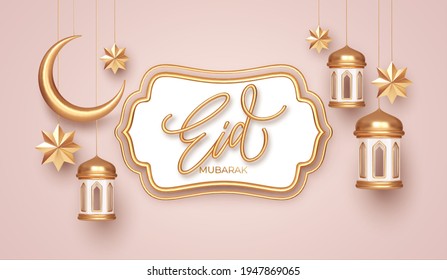 Eid Mubarak 3d realistic symbols of arab islamic holidays. Crescent moon, stars, lanterns. Vector illustration