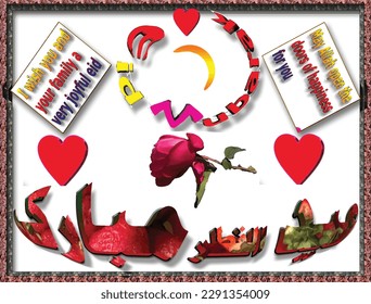 Eid mubarak 3d words is a luxury arabic engliash muticolor text design ,great for muslim  festival eid day congratulation greeting card ,decoration ,friendship message and expression of happiness 