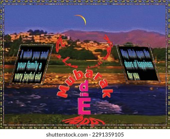 Eid mubarak 3d words is a new style multicolor arabic english text design on nature background ,great for muslim festival happy eid day conratulation greeting card and expression of happiness 