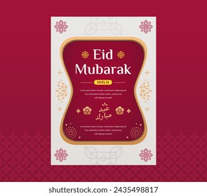 Eid Mubarak A4 Poster Greeting Card Design Template with Red Color for Eid Celebration, with Arabic Words means "Blessed Feast"
