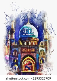 Eid Mubarak Abstract Poster Design Illustration With Colorful Mosque. Eid Mubarak Background Design With White Text.