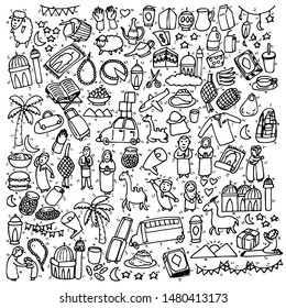 Eid mubarak and eid adha doodle, cute, cartoon