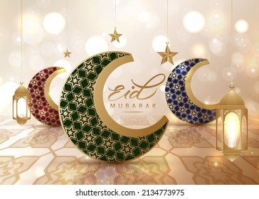 Eid mubarak, Eid al adha, Eid al fitr, greetings card poster with realistic crescent moon and star vector banner design