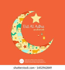 eid mubarak or eid al adha template design. Holy day for muslim. camel, cow, goat and sheep character symbol in moon sign. paper cut craft. for poster, banner, campaign, invitation, and greeting card