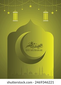 eid mubarak ,eid al azha poster design template with hanging lantern, mosque,moon arabic calligraphy yellow color background