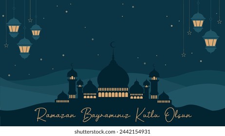 Eid Mubarak or Eid Al Fitr Islamic religious abstract background. Vector Illustration for poster, banner and greeting card.  Translation of Turkish calligraphy means Ramadan Kareem.