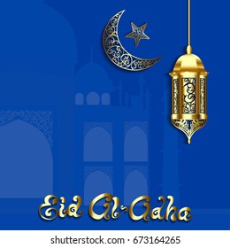 Eid Mubarak or Eid Al Fitr Template Design. Holy Day for Muslim and Islamic People. Gold arabic lamp,moon and star on blue.Suitable for poster, banner, campaign, and greeting card.Vector image. 