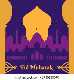 Eid Mubarak or Eid Al Fitr. Eid Mubarak vector greeting. Islamic background with mosques. Eid adha mubarak arabic greeting card. Muslim Community Festival.