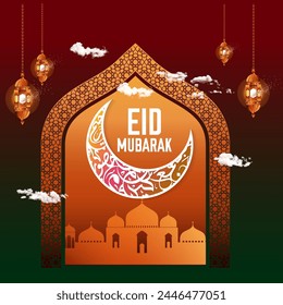Eid Mubarak and eid al fitr vector template. Golden mandala with awesome gradient moon and star design with white calligraphy. Islamic eid mubarak