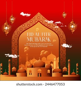 Eid Mubarak and eid al fitr vector template. Golden mandala with awesome gradient moon and star design with white calligraphy. Islamic eid mubarak