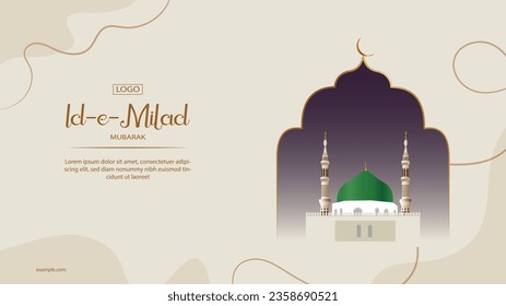 Eid Mubarak, Eid al-Fitr and Ramadan. Vector illustrations of a holiday, an evening mosque with a crescent moon, for a greeting card, banner and background