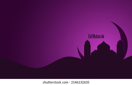 Eid mubarak. Eid al-Fitr. Vector illustration of silhouette mosque in the desert. Crescent moon. Poster or banner. Flat design vector illustration.