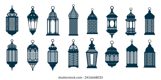 Las siluetas de lámparas de arabia islámica o ramadán del Eid mubarak. Lámparas ornamentadas vectoriales aisladas, símbolo de alegría festiva y celebración. Iluminan casas y calles, añadiendo un ambiente festivo