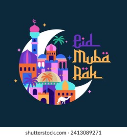 eid mubarak with arabian city and moon background. vector illustration