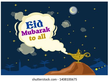 Eid Mubarak Arabian Nights concept with Aladdin lamp exploding with greetings. Editable Clip Art.