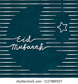 Eid Mubarak Arabic Blessed Celebration Metallic Silver Logo Lettering and Blank Moon and Lamp Shapes Among Horizontal Lines - Silver on Turquoise Rough Paper Background - Hand Drawn Graphic Design