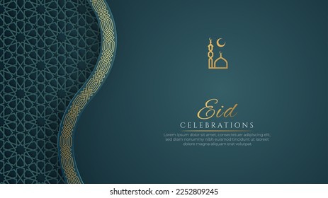 Eid Mubarak Arabic Blue Luxury Background with Islamic Pattern and Decorative Border Frame