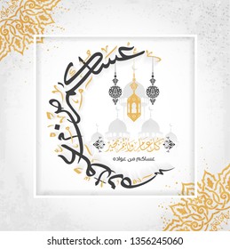 Eid Mubarak in Arabic Calligraphy greeting card. translate"I wish you all celebrate it again and again" - Vector 5