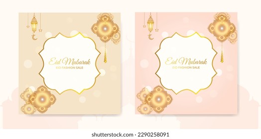 Eid Mubarak und arabische Kalligrafie islamische Grußkarte. Für Ramadan, Raya Hari, Eid al Adha und Mawlid. Halbmond und Halbmond mit islamischen Mustern und dekorativen Ornament-Rahmen-Moschee gezeichnet.