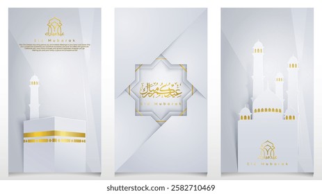 Eid Mubarak in arabic calligraphy for islamic greeting card mosque and kaaba silhouette paper cut style