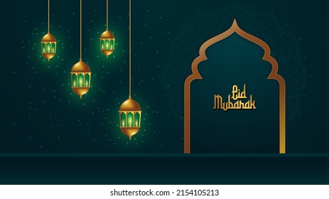 Eid Mubarak Arabic elegant luxury ornamental Islamic background with Islamic decorative golden moon lantern star