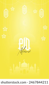 Eid Mubarak Arabic and English greetings on a yellow color background with decorative Lanterns, Crescent and stars

