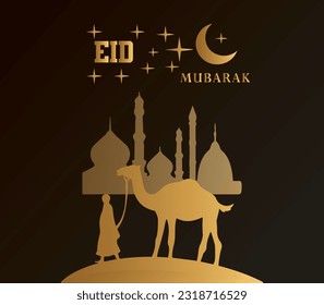 Eid Mubarak Arabic and English Typography. Creative idea and Concept Design Eid Mubarak. Eid al Adha greeting card. Animals to sacrifice for muslim eid-ul-adha. Vector illustration for Eid.