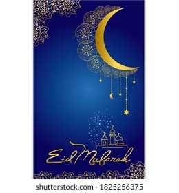 Eid Mubarak Arabic greeting. Islam Eid Mubarak Arabic calligraphy. Muslim Ramadan holiday celebration card design with crescent moon. Islamic religion traditional background vector illustration