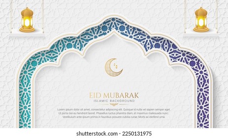 Eid Mubarak Arabic Islamic Elegant White and golden Luxury Ornamental Background with Arabic Pattern and Decorative Arch Frame