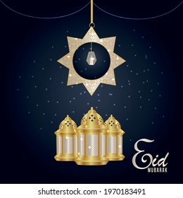 Eid mubarak arabic islamic festival background with realistic lantern 
