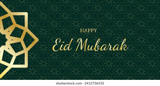 Eid Mubarak Arabic Islamic Luxury Banner, card, poster, cover with Islamic Pattern on dark green background