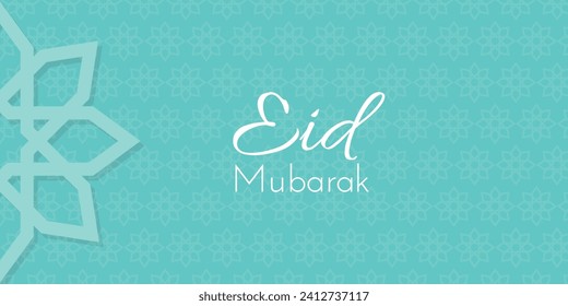 Eid Mubarak Arabic Islamic Luxury Banner, card, poster, cover with Islamic Pattern on turquoise background