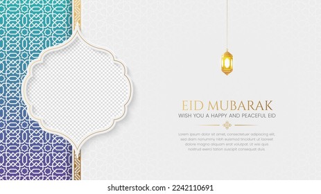 Eid Mubarak Arabic Islamic social media banner design with a colorful arabesque pattern and photo frame