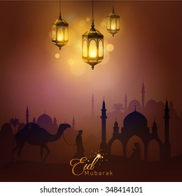 Eid Mubarak arabic lamp and mosque silhouette greeting card background - Translation of text : Eid Mubarak - Blessed festival