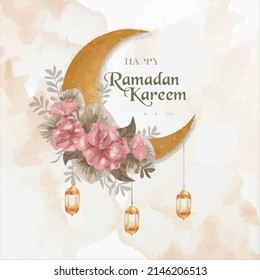 Eid Mubarak Arabic Lantern Watercolor, Moon Of Ramadan Kareem With Painting Of Bloom Flower On Greeting Card, Eid Mubarak Background With Water Color Ornaments And Laterns