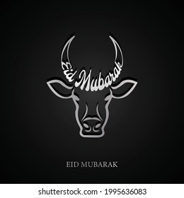 Eid Mubarak Arabic style English Typography and Calligraphy with making moon, cow horn shape. Line drawing design. Eid Ul-Adha. Religious holidays are celebrated by Muslims worldwide. Black background