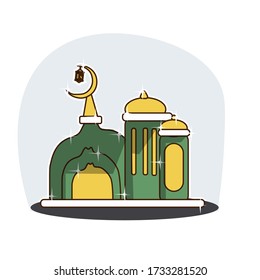 Eid Mubarak art design with green and gold mosque upon cloud and lanterns