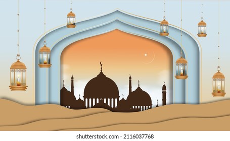 Eid Mubarak backdrop Mosque window with Islamic lantern and Candle hanging on wall background,Vector illustration for paper cut Islamic religions,Ramadan Kareem, Eid al fitr,Eid al Adha,Happy Muharram