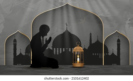 Eid Mubarak backdrop silhouette Muslim man making a supplication,Traditional Islamic mosque with Lantern light, crescent moon,Vector Eid Mubarak, Ramadan Kareem, Eid al fitr, Eid al Adha banner